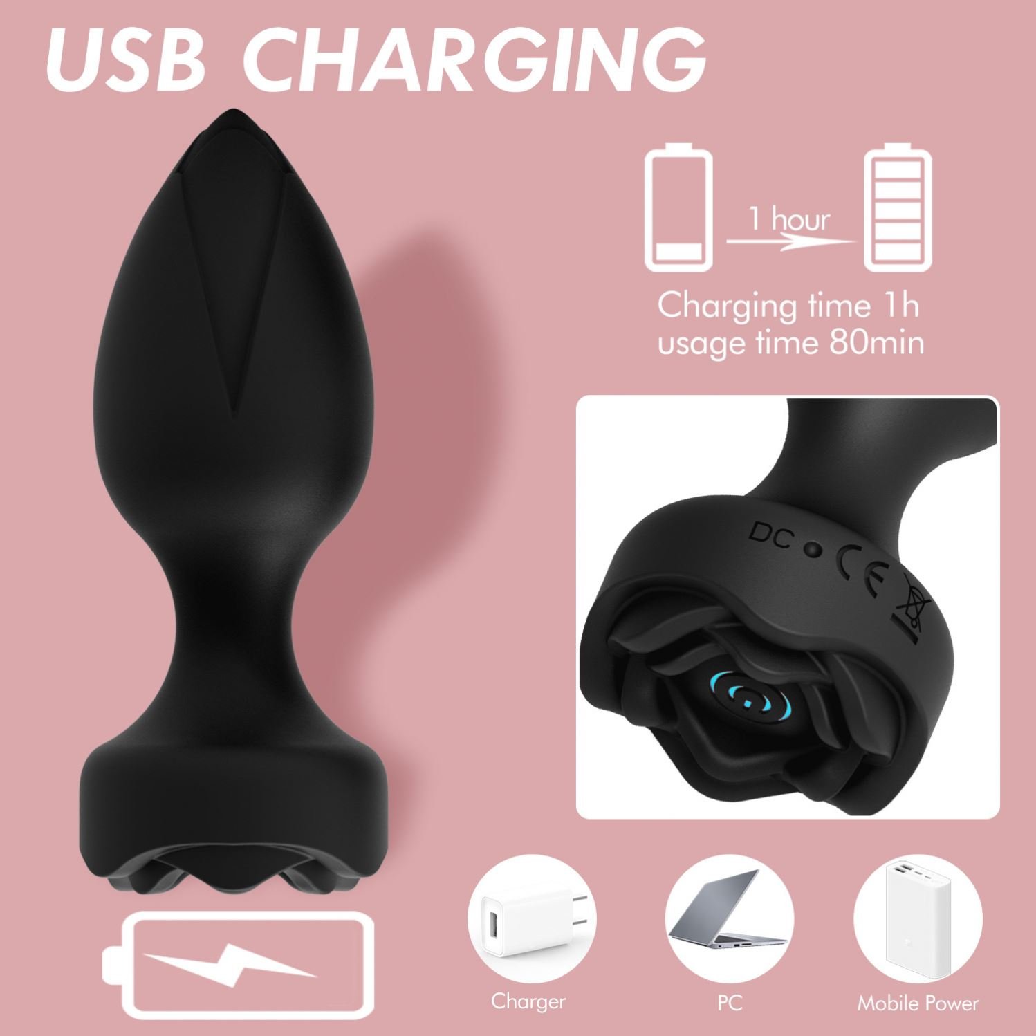 Vibrating Red Rose Anal Plug Remote Control Anal Toy with 10 Modes Rose Base Waterproof Silicone Rose Adult Toys for women