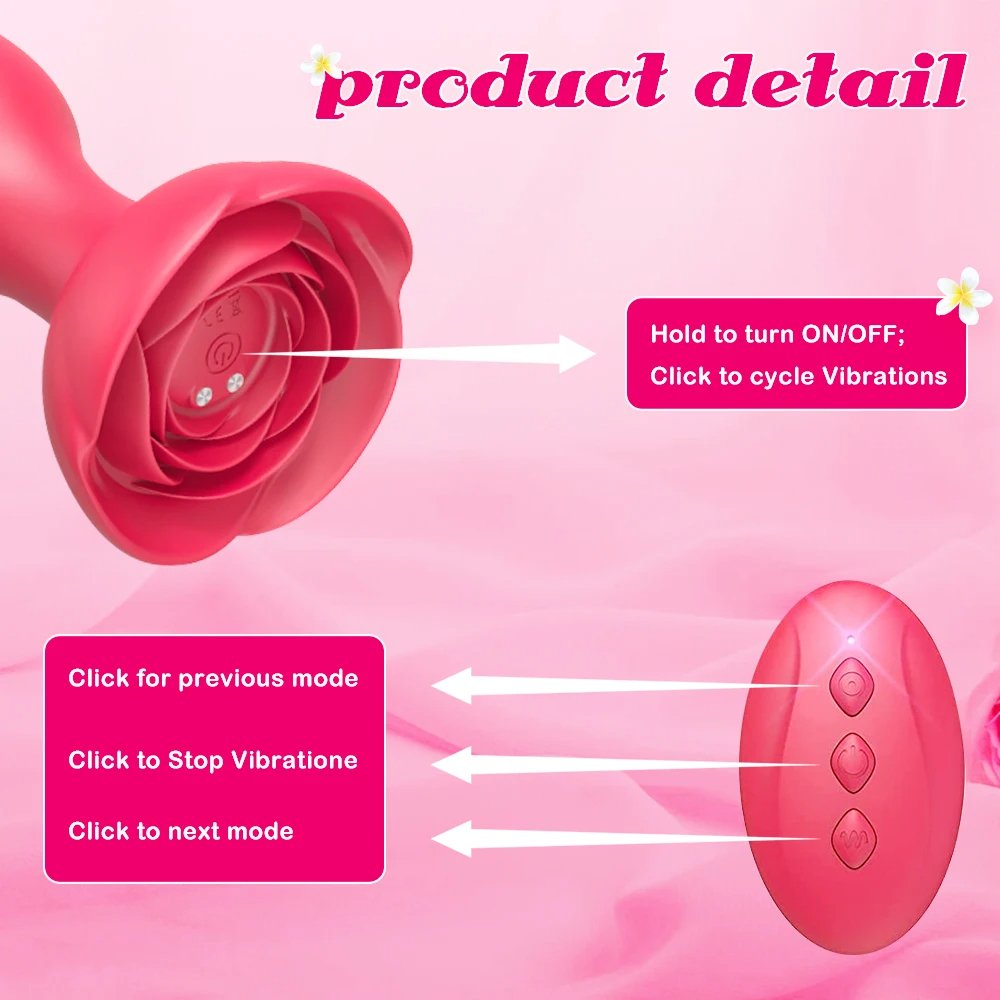 Anal Sex Toy Rose Vibrator for Women Remote Control Butt Plug with 10 Modes Vibrating Prostate Massager Silicone Stimulator