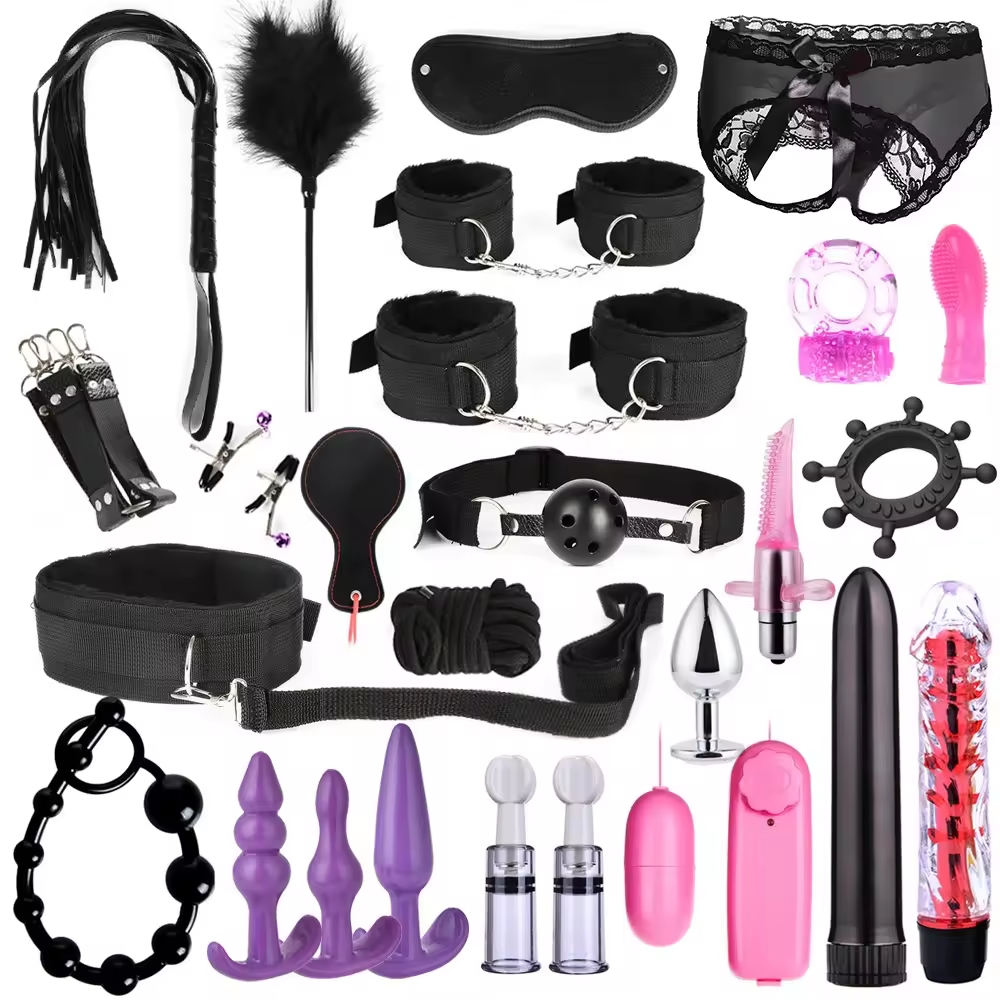 Sm sex toys 26 pieces of Nipple Clamps Handcuffs Whip Rope Anal Vibrator sex aid binding bondage Set for Couples Sex Games