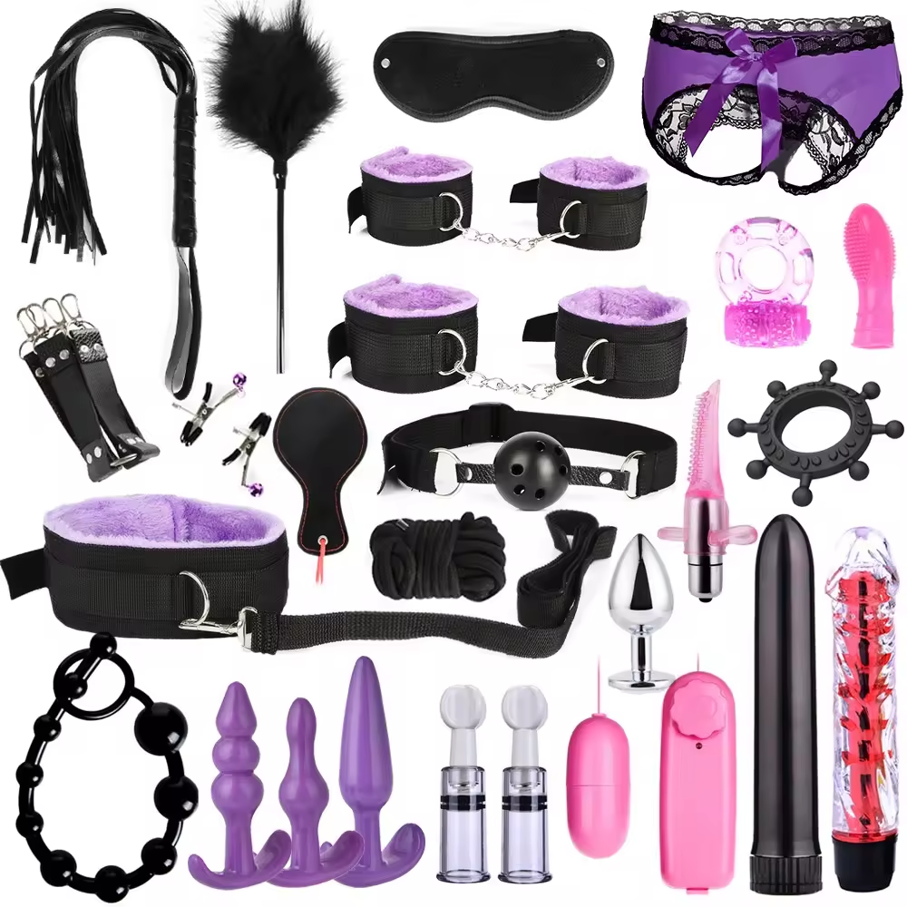 Sm sex toys 26 pieces of Nipple Clamps Handcuffs Whip Rope Anal Vibrator sex aid binding bondage Set for Couples Sex Games