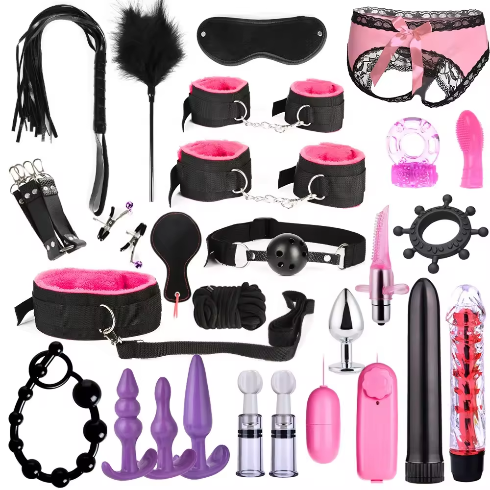 Sm sex toys 26 pieces of Nipple Clamps Handcuffs Whip Rope Anal Vibrator sex aid binding bondage Set for Couples Sex Games