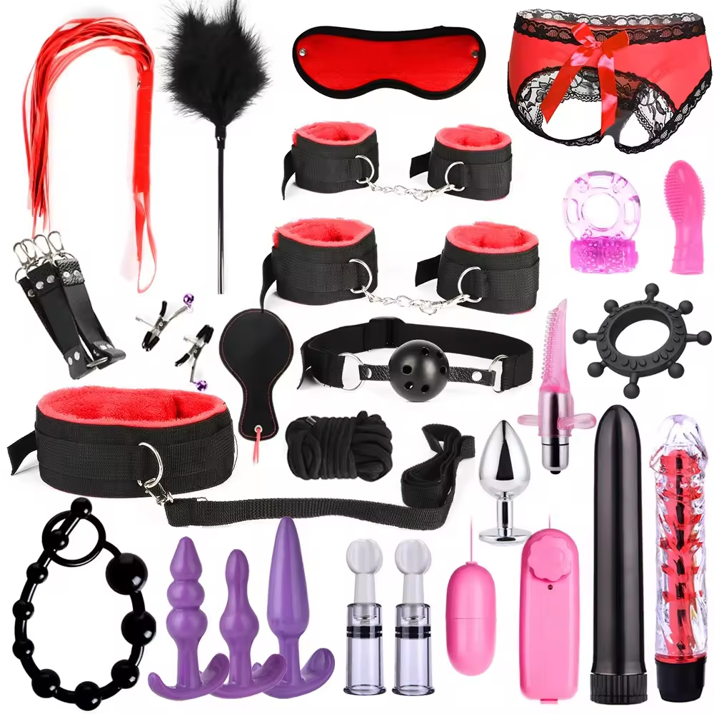 Sm sex toys 26 pieces of Nipple Clamps Handcuffs Whip Rope Anal Vibrator sex aid binding bondage Set for Couples Sex Games