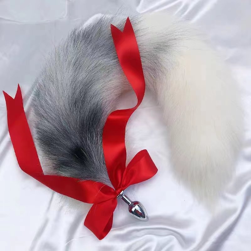 Fetish black fox tail metal anal plug anal sex toy
