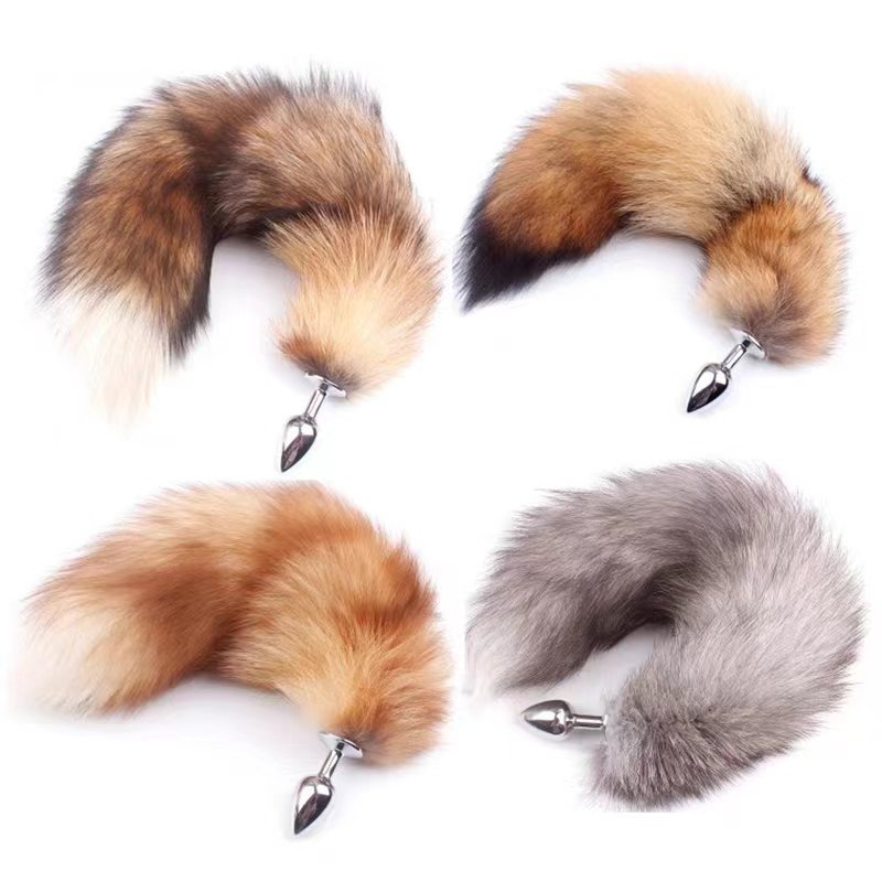 Fetish black fox tail metal anal plug anal sex toy