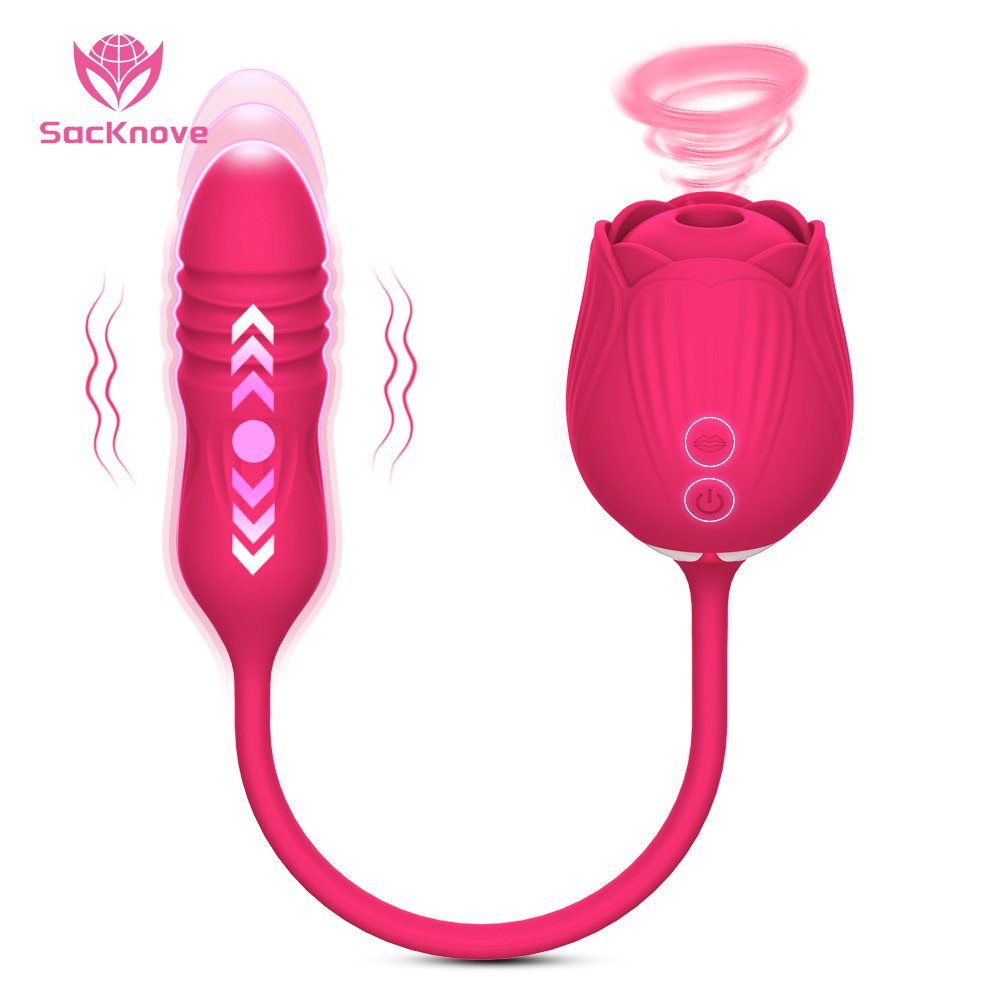 SacKnove Vibrating Telescopic Dildo Tongue Licking Sexy Red Rose Shaped Wand Sucking Vibrator Rose Sex Toy For Women Adult