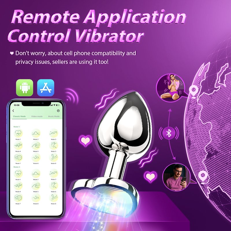 Wireless Remote Control Anal Sex Toy Vibrator Heart Base Butt Plug with Mobile App for Women and Men Made of Durable Metal