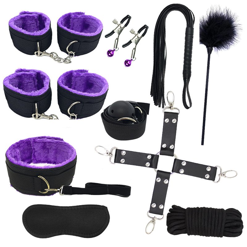 10pcs Bdsm Cosplay Couples Porno Play Sex Toys Kit Handcuffs Furry Whip Nipple Clamps Anal Plug Vibrator Bondage Sm Sex Games