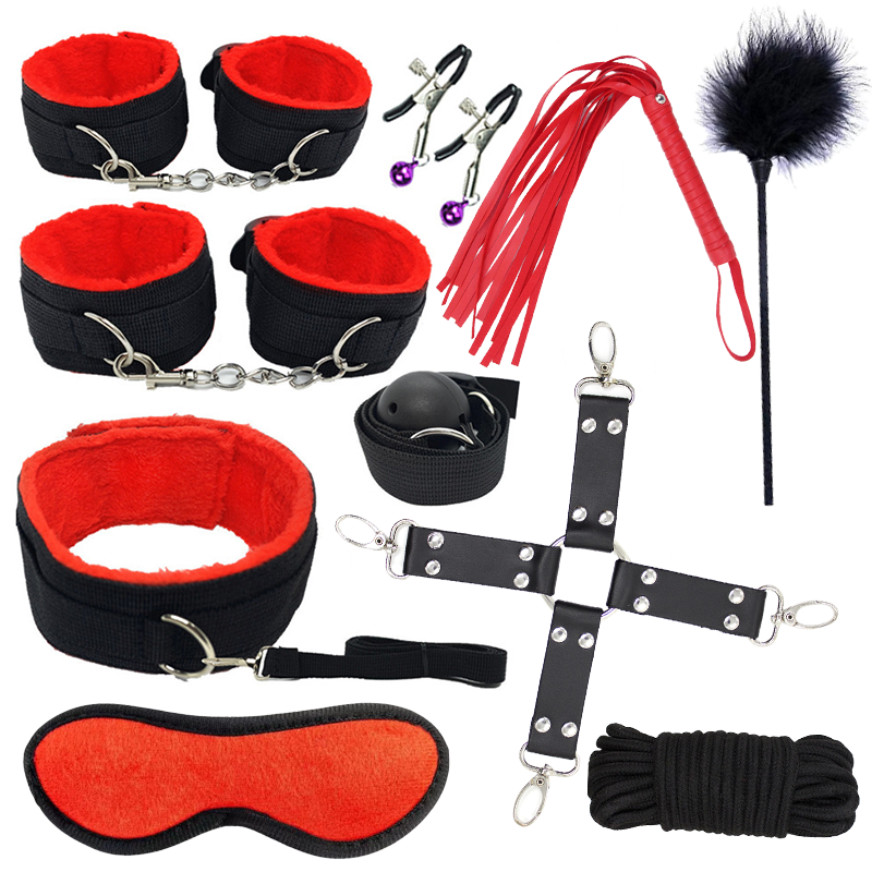 10pcs Bdsm Cosplay Couples Porno Play Sex Toys Kit Handcuffs Furry Whip Nipple Clamps Anal Plug Vibrator Bondage Sm Sex Games