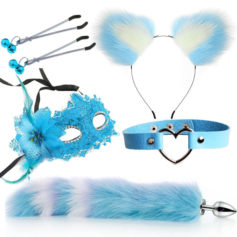 Sexy mask ear hairpin back court anal plug female supplies sm metal fun suit fox tail 4-piece set
