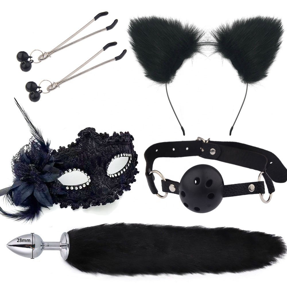 Sexy mask ear hairpin back court anal plug female supplies sm metal fun suit fox tail 4-piece set