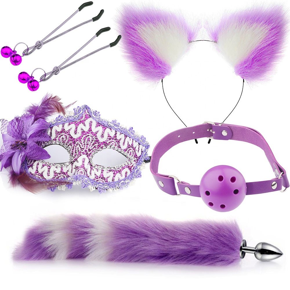 Sexy mask ear hairpin back court anal plug female supplies sm metal fun suit fox tail 4-piece set