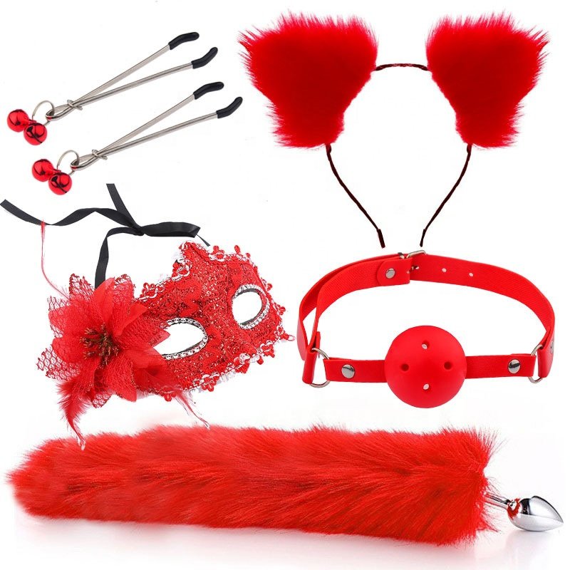 Sexy mask ear hairpin back court anal plug female supplies sm metal fun suit fox tail 4-piece set