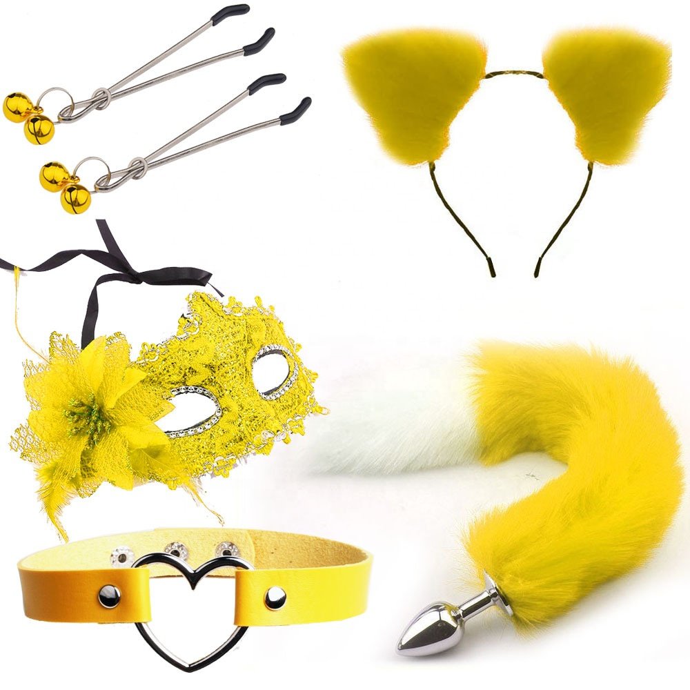 Sexy mask ear hairpin back court anal plug female supplies sm metal fun suit fox tail 4-piece set