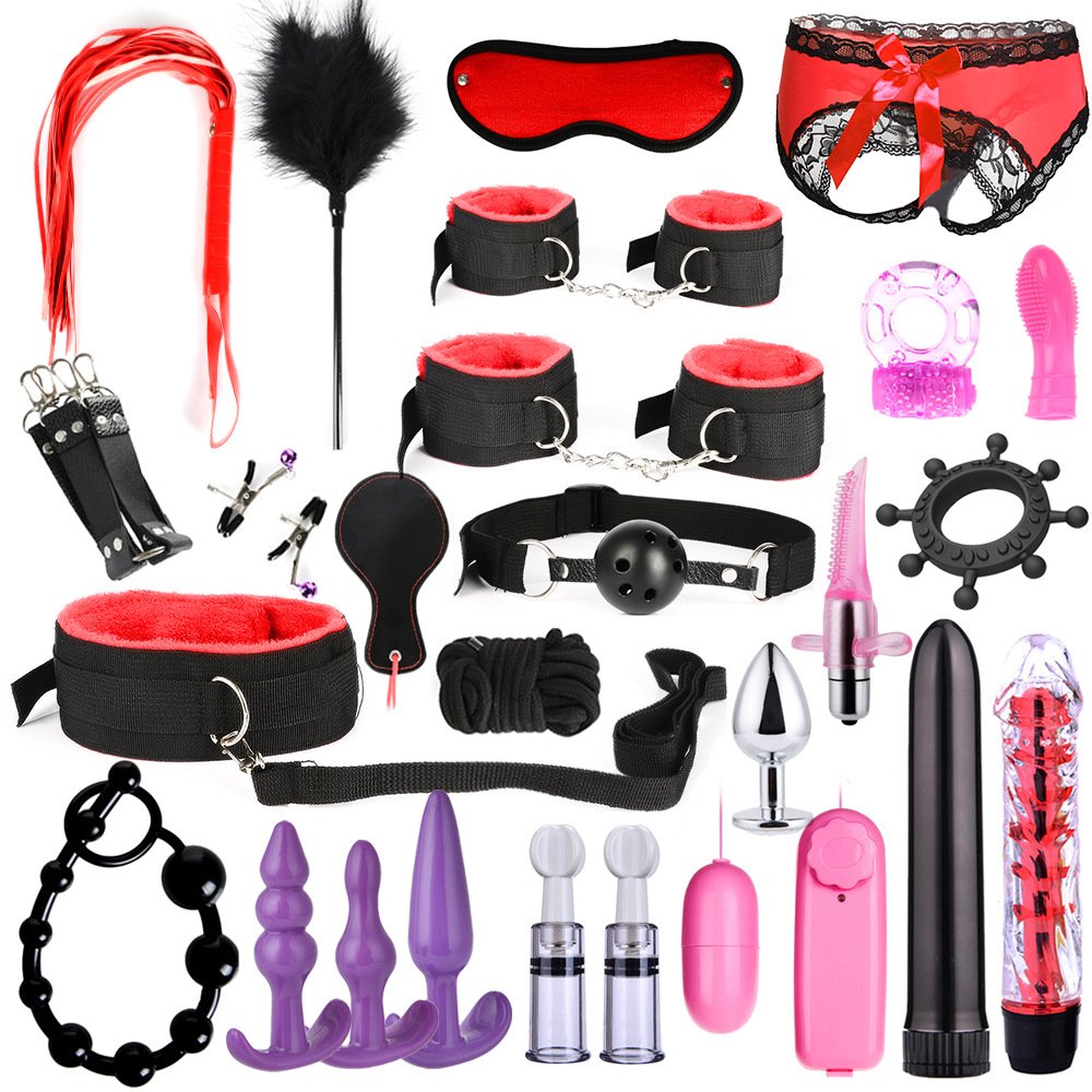 26PCS SM Play Sex toys Kit of Nipple Clamps Handcuffs Whip Rope Anal Vibrator Bondage SM Sex Games Toys for Couple Play