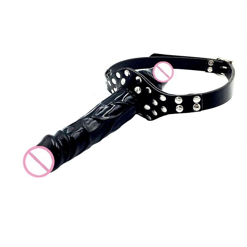 Hot Selling Adjustable Leather Double-head Penis Strap on Dildo Mouth Ball Gag SM Bondage for Lesbian