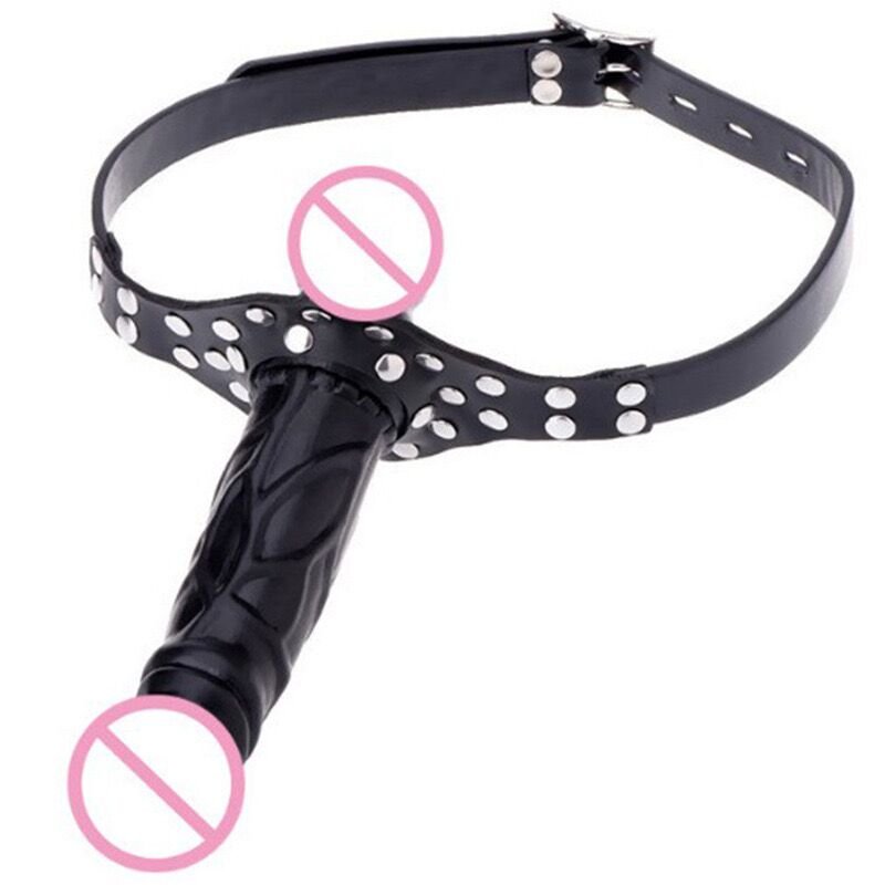 Hot Selling Adjustable Leather Double-head Penis Strap on Dildo Mouth Ball Gag SM Bondage for Lesbian