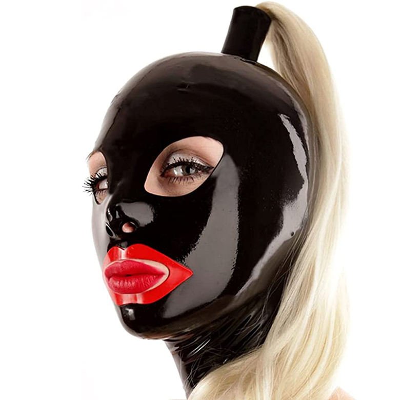 Latex Hood Mask with Mouth Red Trim Eyes Nose Hole with Zipper Ponytail Wigs Fetish Black Latex Sex Mask