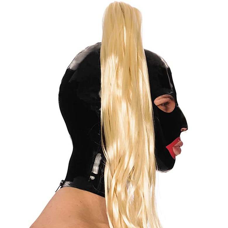 Latex Hood Mask with Mouth Red Trim Eyes Nose Hole with Zipper Ponytail Wigs Fetish Black Latex Sex Mask