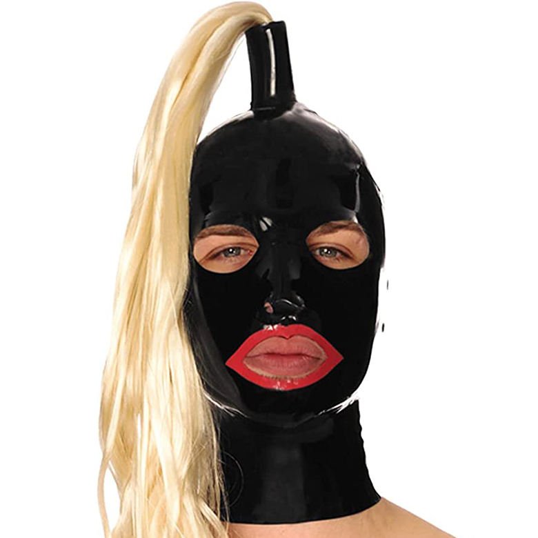 Latex Hood Mask with Mouth Red Trim Eyes Nose Hole with Zipper Ponytail Wigs Fetish Black Latex Sex Mask