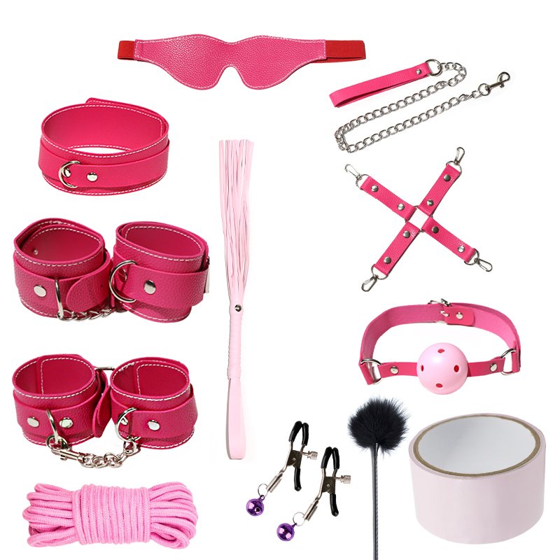 12 PCS SM Bondage Suit Metal Leather BDSM Game Play Adjustable Handcuffs Tape Whip Adult Sex
