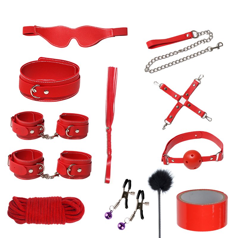 12 PCS SM Bondage Suit Metal Leather BDSM Game Play Adjustable Handcuffs Tape Whip Adult Sex