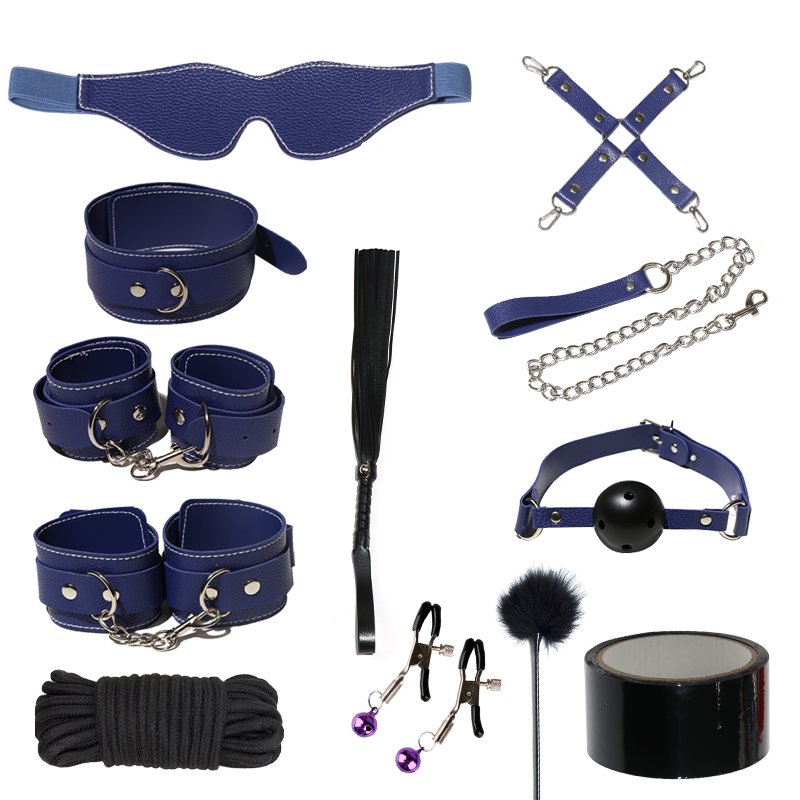 12 PCS SM Bondage Suit Metal Leather BDSM Game Play Adjustable Handcuffs Tape Whip Adult Sex