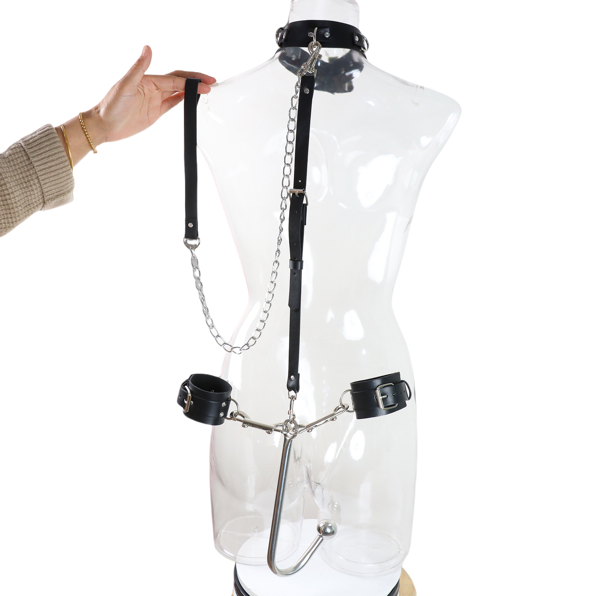 2 in 1 leather sex bondage restraints anal trainer with adjustable handcuffs collar bdsm anal hook sex toys for adult couple