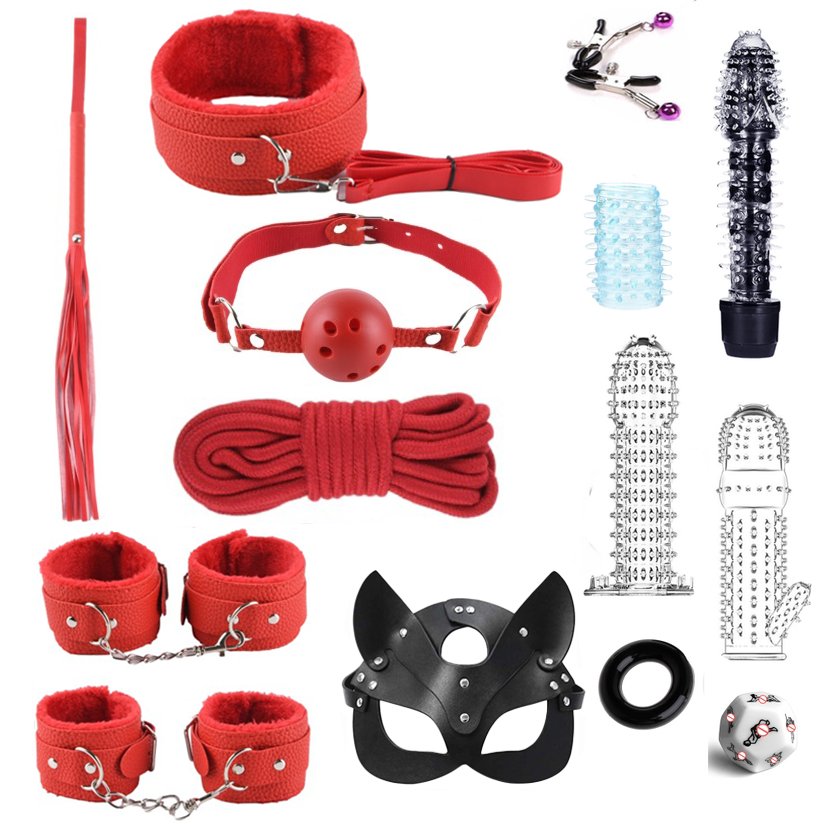 Adult Sm 15Pcs Kit Flirting Fetish Restraint Handcuffs Nipple Clamps Eyeblind Mouth Gag Neck Collar Cock Ring BDSM Bondage Gear