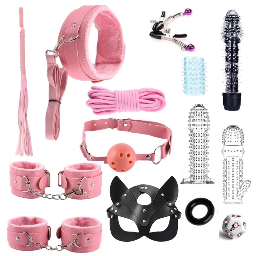 Adult Sm 15Pcs Kit Flirting Fetish Restraint Handcuffs Nipple Clamps Eyeblind Mouth Gag Neck Collar Cock Ring BDSM Bondage Gear