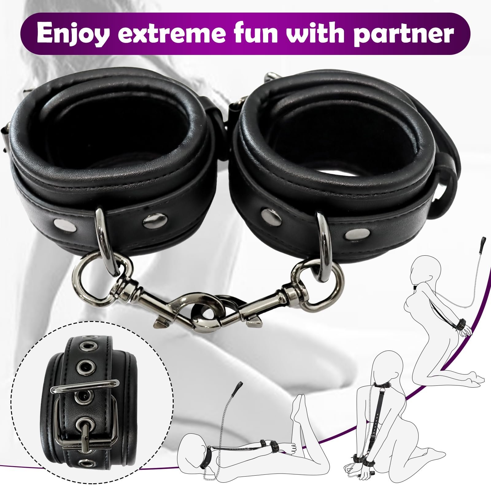 DH 5 Pcs Bed SM Kit with Adjustable Handcuffs Collar, Rope, Blindfold, Detachable Bondage Gear for Women Couples