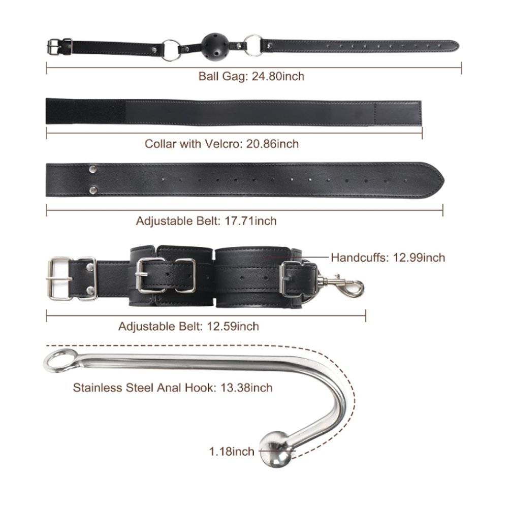 BDSM Anal Hook with Ball Gag 2 in 1 Leather Sex Bondage Set Anal Trainer with Collar Handcuffs & Adjustable Strap