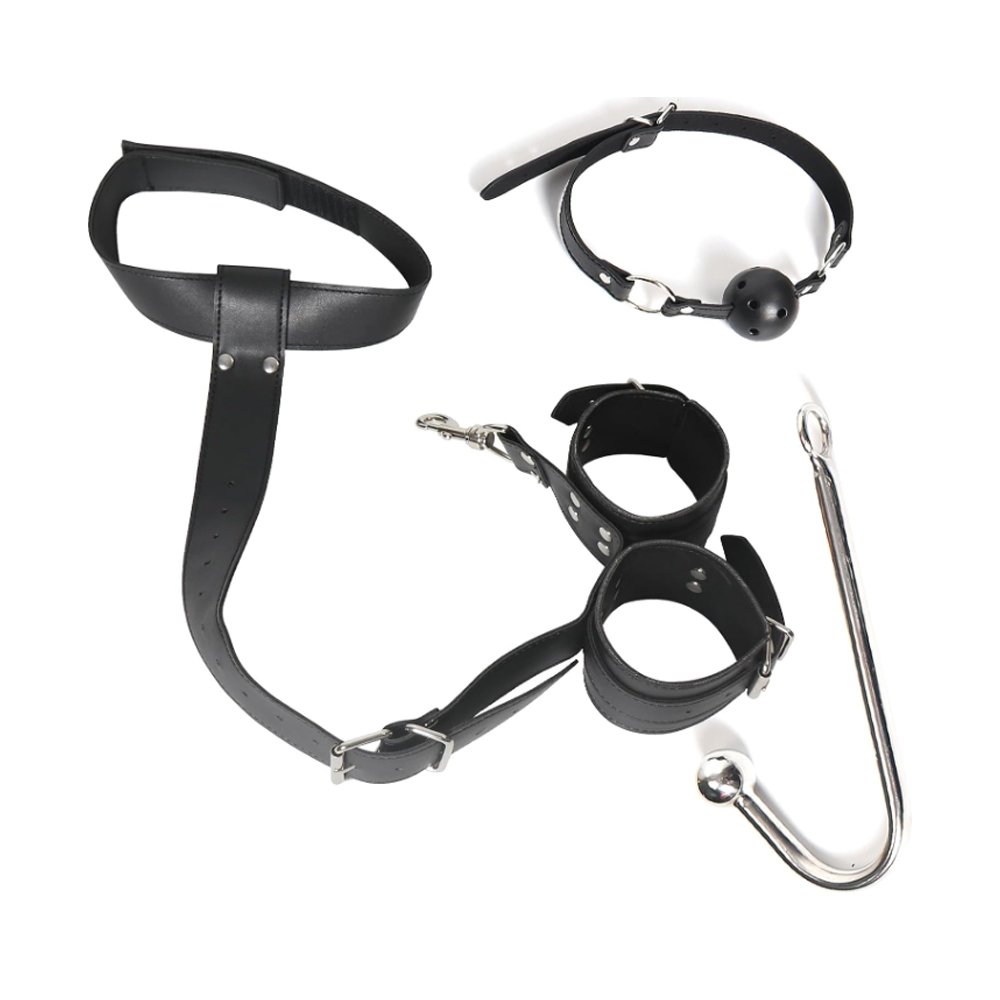 BDSM Anal Hook with Ball Gag 2 in 1 Leather Sex Bondage Set Anal Trainer with Collar Handcuffs & Adjustable Strap