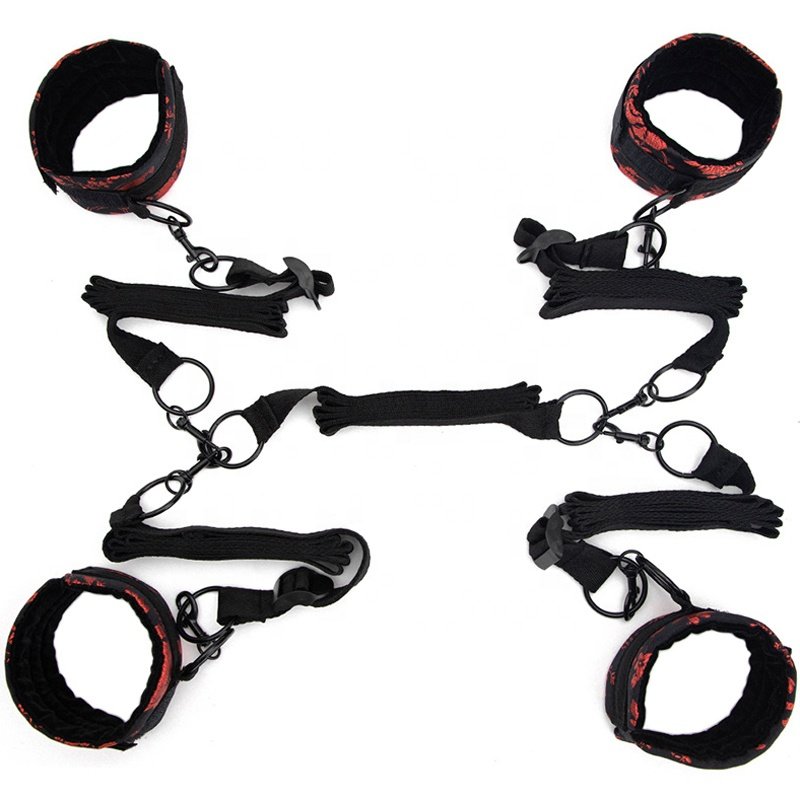 SM Slave Flirting Teasing BDSM Bondage Gear in Bed Handcuffs Ankle Cuffs Bed Bondage Restraints