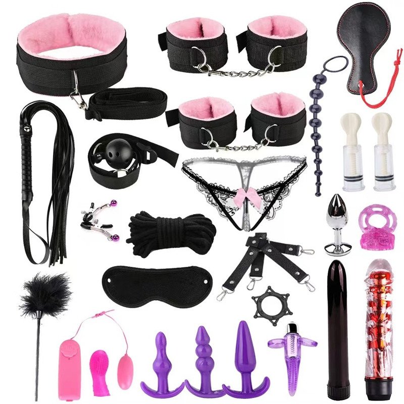 26pcs Bondage Set Plush Red Handcuffs Whip Slave Games Anal plug Couple Sex Toys Fetish Bondage Gear For husband and wife