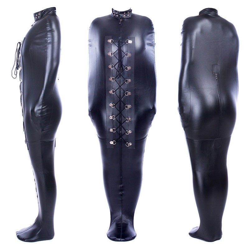 Full body fetish harness black catsuit sex leather sleep sack adult games bondage straight jacket