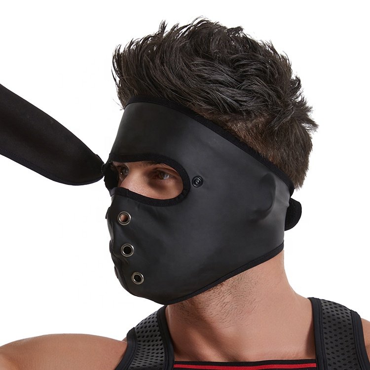 Black PU Leather SM Game Slave Full Face Cover BDSM Bondage Fetish Adjustable Gear Mouth Plug Hood Sexy Harness For Gay Man