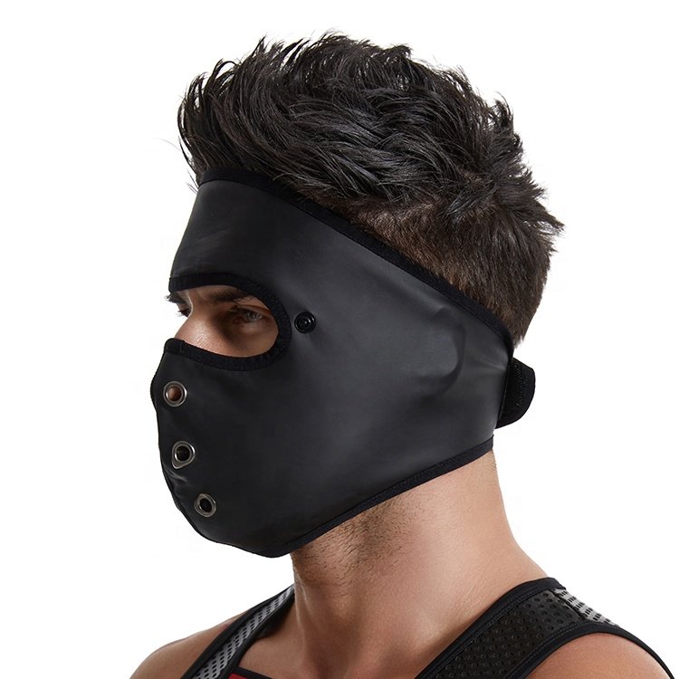 Black PU Leather SM Game Slave Full Face Cover BDSM Bondage Fetish Adjustable Gear Mouth Plug Hood Sexy Harness For Gay Man