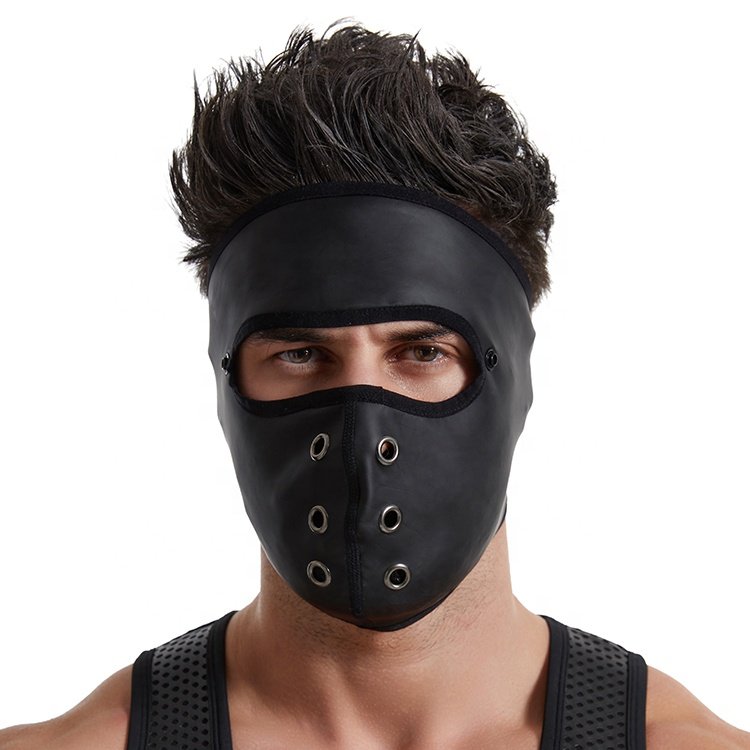 Black PU Leather SM Game Slave Full Face Cover BDSM Bondage Fetish Adjustable Gear Mouth Plug Hood Sexy Harness For Gay Man