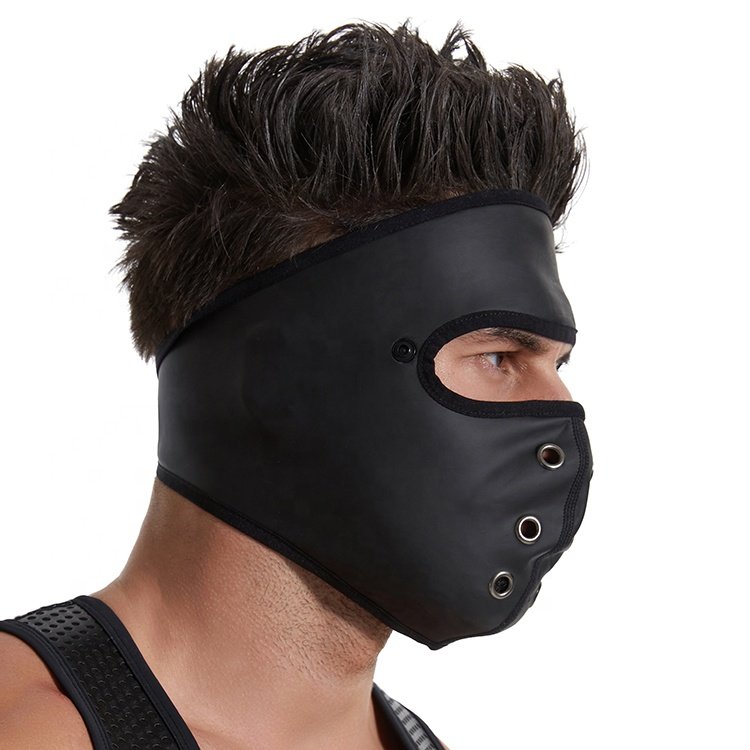 Black PU Leather SM Game Slave Full Face Cover BDSM Bondage Fetish Adjustable Gear Mouth Plug Hood Sexy Harness For Gay Man