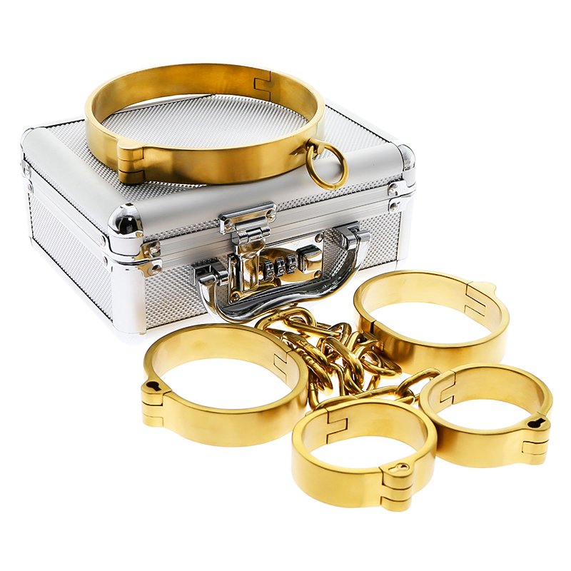 Free Custom Box - Bdsm Heavy Golden Restraints Slave Set Kit Stainless Steel Handcuffs Ankle Cuff Sm Fetish Bondage Special Toy