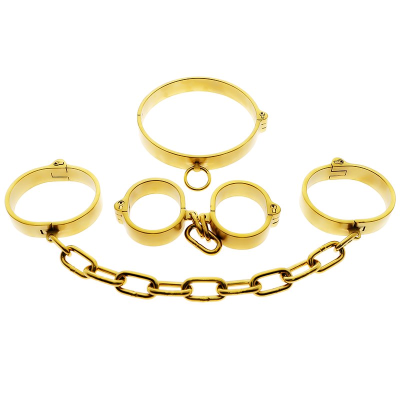 Free Custom Box - Bdsm Heavy Golden Restraints Slave Set Kit Stainless Steel Handcuffs Ankle Cuff Sm Fetish Bondage Special Toy