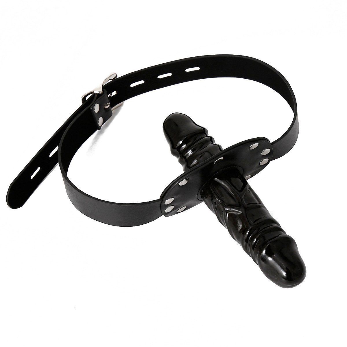 Double-Headed Rubber Penis Gag with Leather Lock for Male and Female Training and Bondage Play