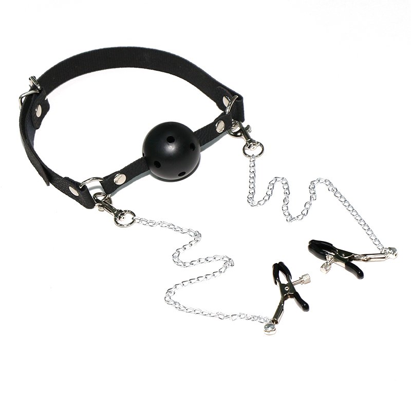 Silicone Breathable Ball Gag with Nipple Clamp Adult BDSM Sex Toys Leather Bondage Kit for Restraints Play