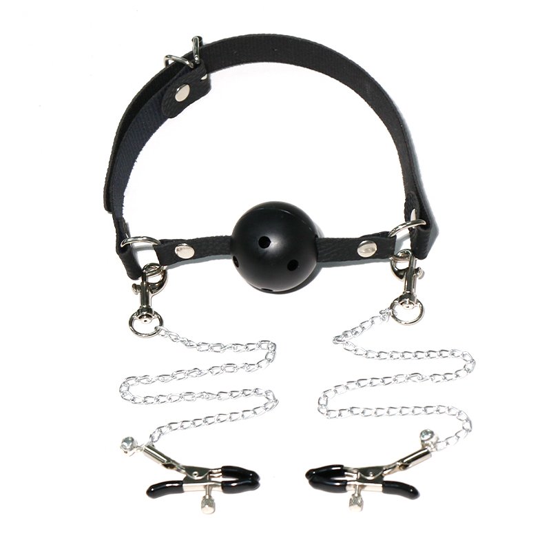 Silicone Breathable Ball Gag with Nipple Clamp Adult BDSM Sex Toys Leather Bondage Kit for Restraints Play