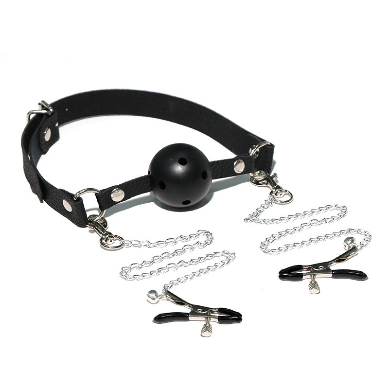 Silicone Breathable Ball Gag with Nipple Clamp Adult BDSM Sex Toys Leather Bondage Kit for Restraints Play