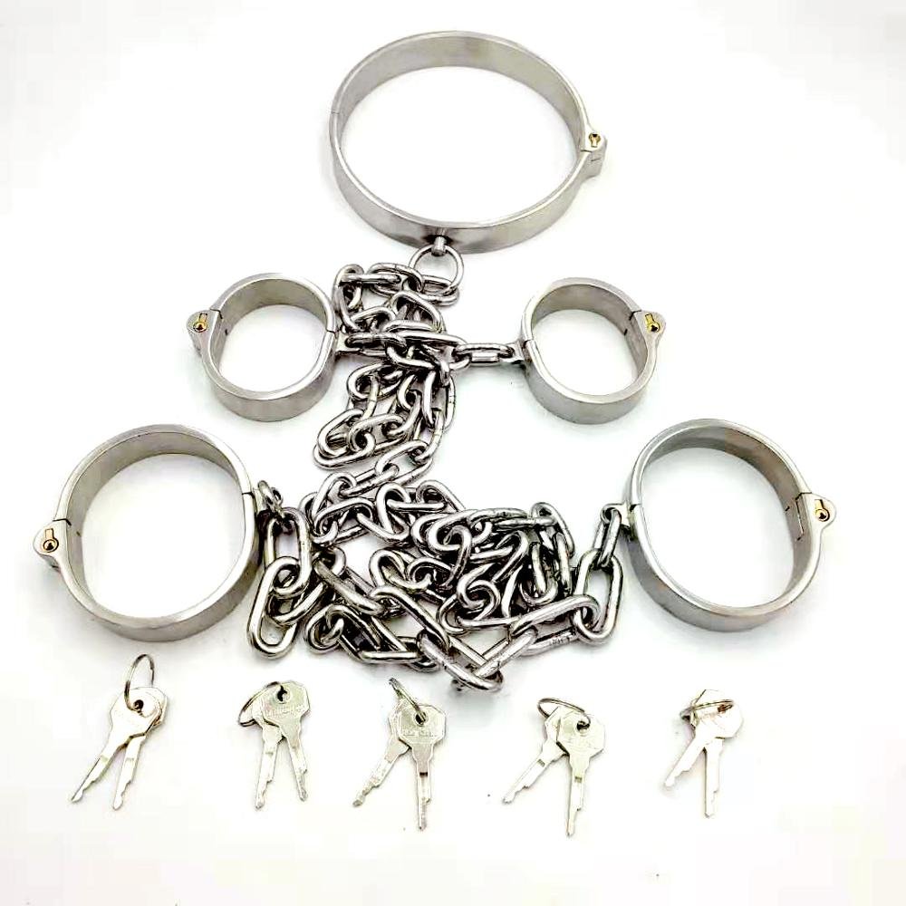 Stainless steel bdsm cuffs bondage kit collar+handcuffs+Ankle cuffs with chain slave fetish sex toys adult games