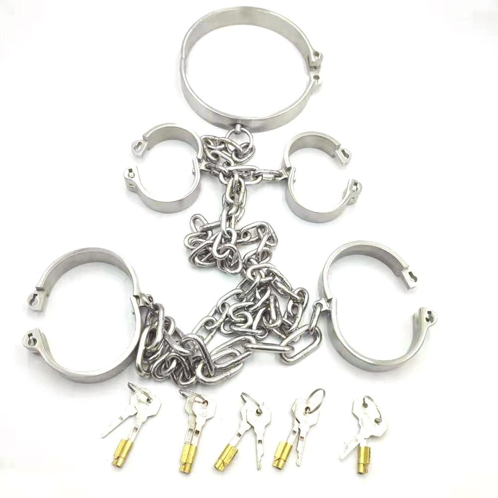 Stainless steel bdsm cuffs bondage kit collar+handcuffs+Ankle cuffs with chain slave fetish sex toys adult games