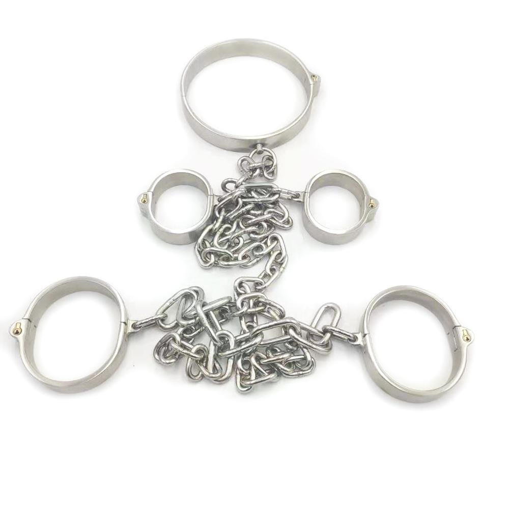 Stainless steel bdsm cuffs bondage kit collar+handcuffs+Ankle cuffs with chain slave fetish sex toys adult games