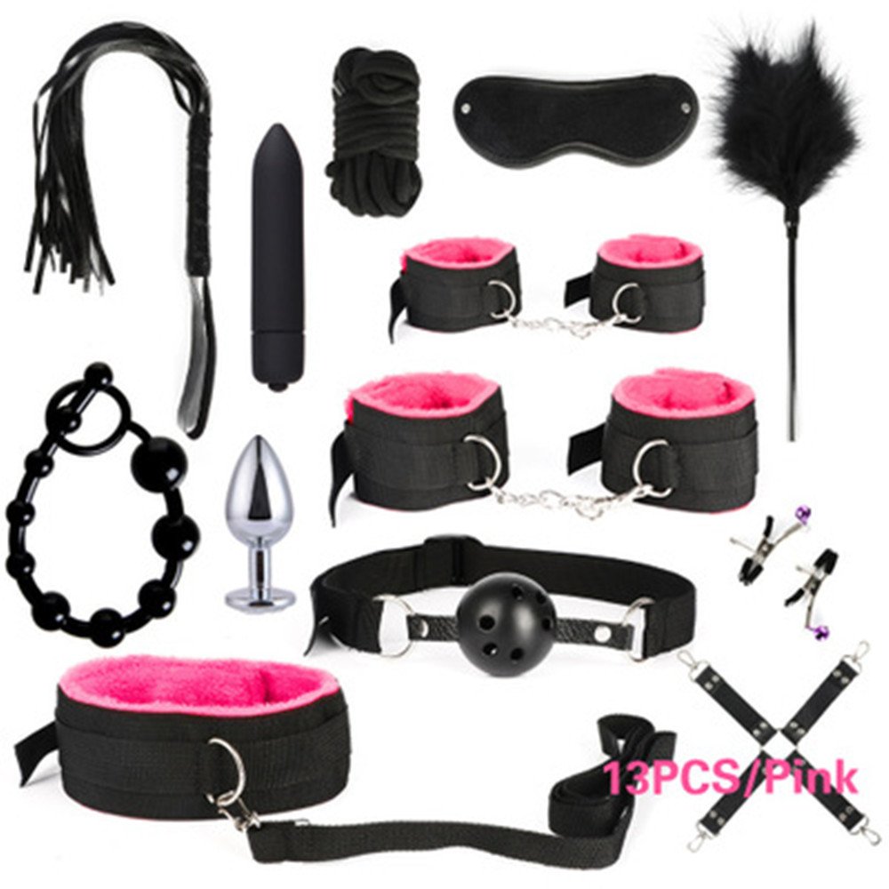 Popular 13 pcs BDSM Kits Sex Toys Women Men Handcuffs Nipple Clamps Whip Spanking Metal Anal Plug Vibrator Butt Bdsm Bondage Set