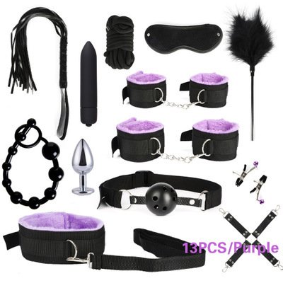 Popular 13 pcs BDSM Kits Sex Toys Women Men Handcuffs Nipple Clamps Whip Spanking Metal Anal Plug Vibrator Butt Bdsm Bondage Set